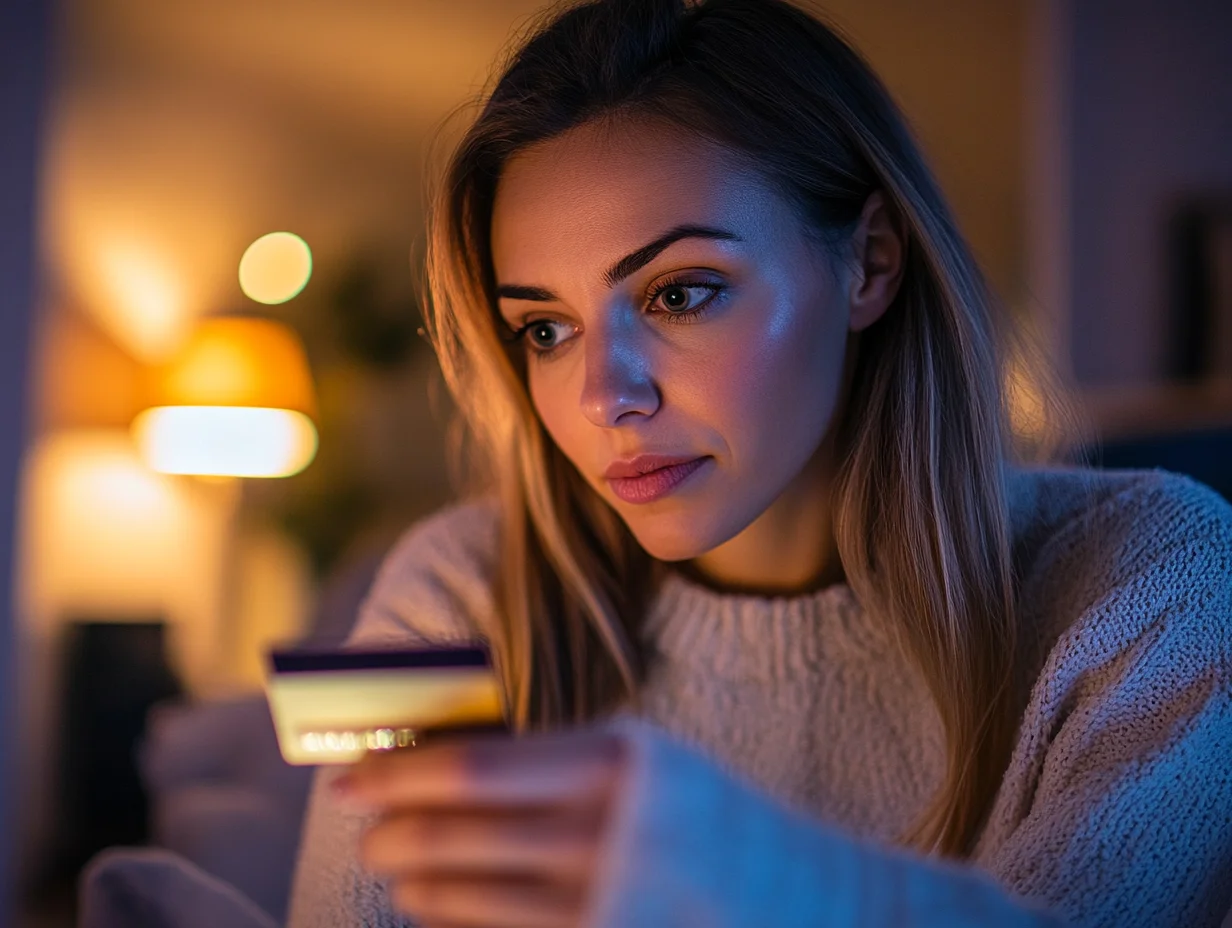 American woman reviewing credit card — iou loans and credit score relationship