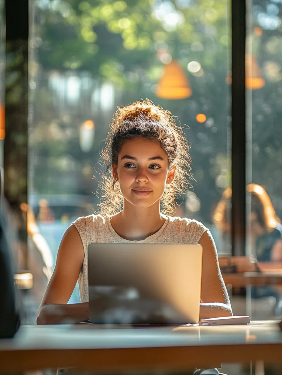 American woman at campus coffee shop studying with iou loan funded education program