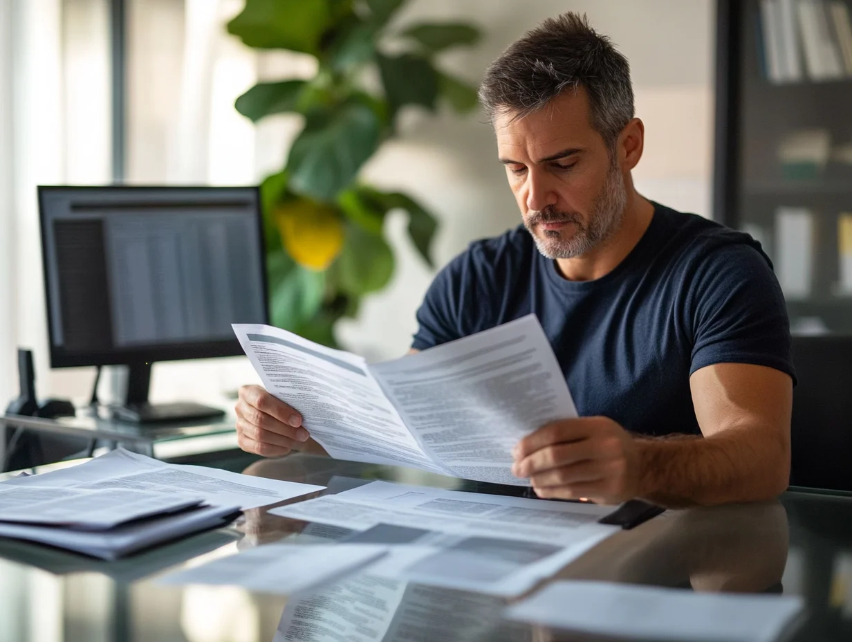 American financial professional comparing iou loan lender options at desk