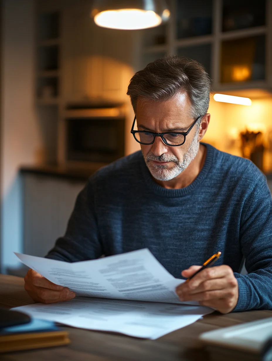 American man carefully reviewing iou loan documents at home