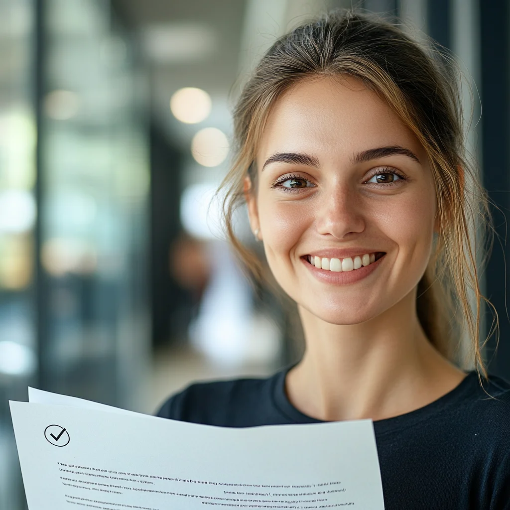 American woman holding approved iou loan document